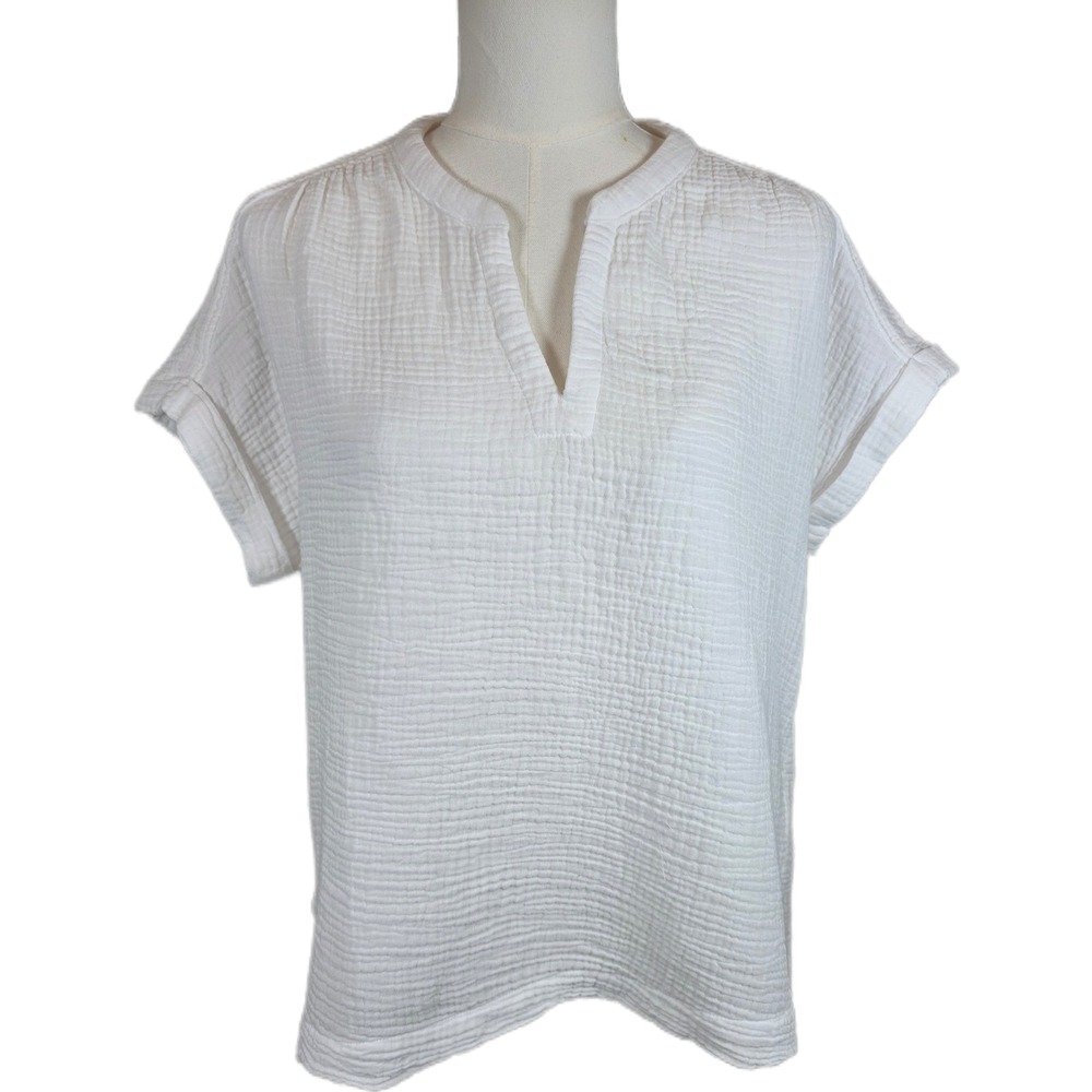 Splendid White 100% Cotton Gauze Split Neck Short Sleeve Top